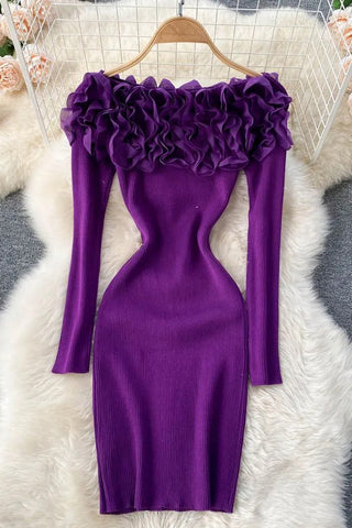 Romantic 3D Flowers Bodycon Party Dress Elegant Off Shoulders Long Sleeve Knitted Dress