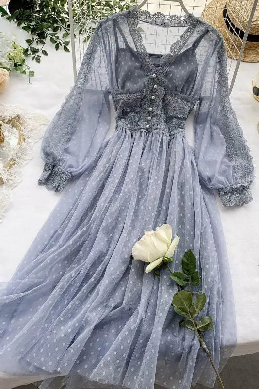 Gothic Party Lace Long Dress Romantic Polka Dot Mesh Dress Tunic Long Sleeve Dress