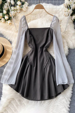 High Waist A-line Mini Dress Long Flare Sleeve Party Dress