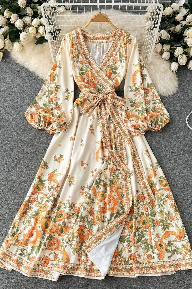 Romantic Floral Print Sash Bandage Long Dress Elegant Puff Sleeve Party Dresses