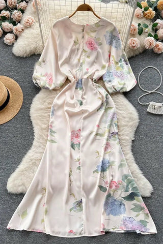 Elegant Puff Sleeve Floral Print A-line Long Dress Deep V-neck Party Robe Dress