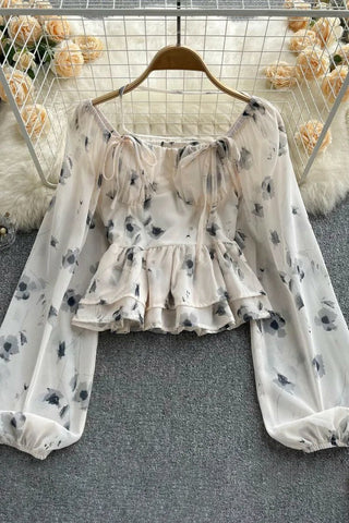 Romantic Ruffles Hem Blouses Long Sleeve Chiffon Tops