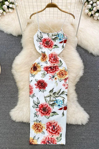 Flower Print Long Dress Strap Bodycon Party Dress Holiday Package Hips Beach Vestidos Dress