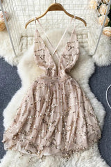Sequin Dress Deep V-neck Criss-cross Bandage Short Lace Party Dress