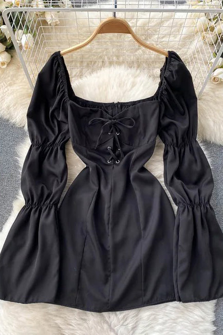 Bandage Mini Dress Long Puff Sleeve Elegant Gothic High Waist Party Dress