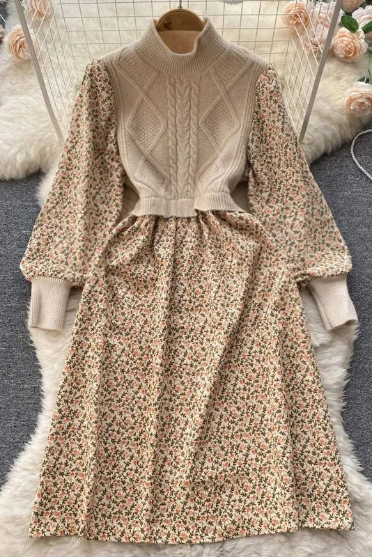 Elegant Two Piece Set Floral Print Knitted Patchwork Long Dress Vintage Dress