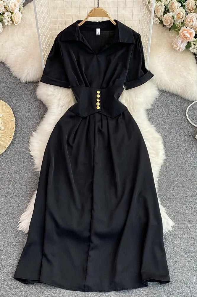 Elegant Buttons Slim Waist Long Dress Gothic Dress