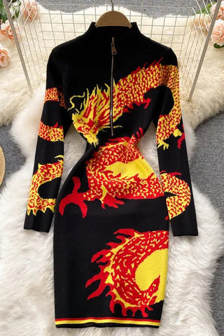 Dragon Pattern Long Sleeve Knitted Dress Harajuku Zipper Fly Collar Bodycon Dress