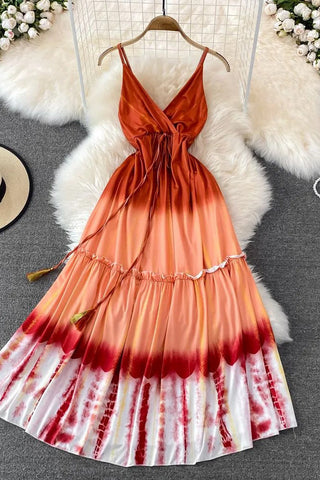 Tie Dye Print Long Dress Elegant High Waist Backless Straps Beach Dress