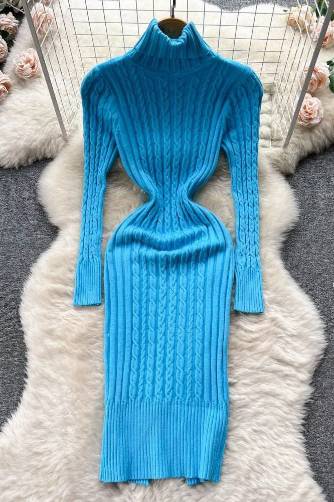 Turtleneck Twist Knitted Bodycon Dress Wrap Hips Dress