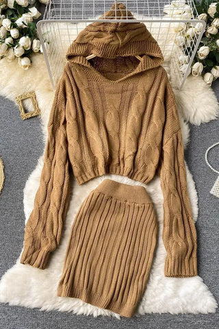 Set Hooded Sweaters Tops + Skinny High Waist Mini Skirts Two PCS Suits