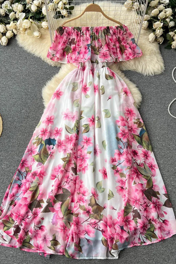 Robe longue à imprimé floral et épaules dénudées, taille haute, élégante, pour la plage et les fêtes