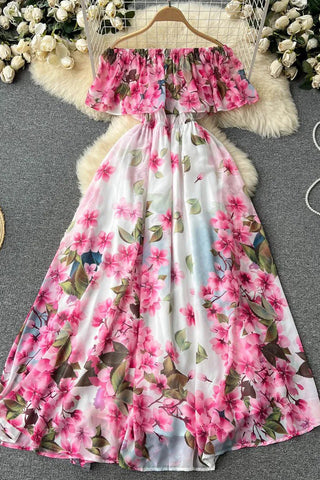 Robe longue à imprimé floral et épaules dénudées, taille haute, élégante, pour la plage et les fêtes