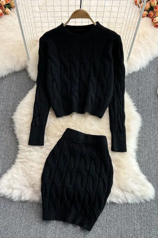 Set Long Sleeve Knitted Tops + Slim Mini Skirts Two Piece Suits