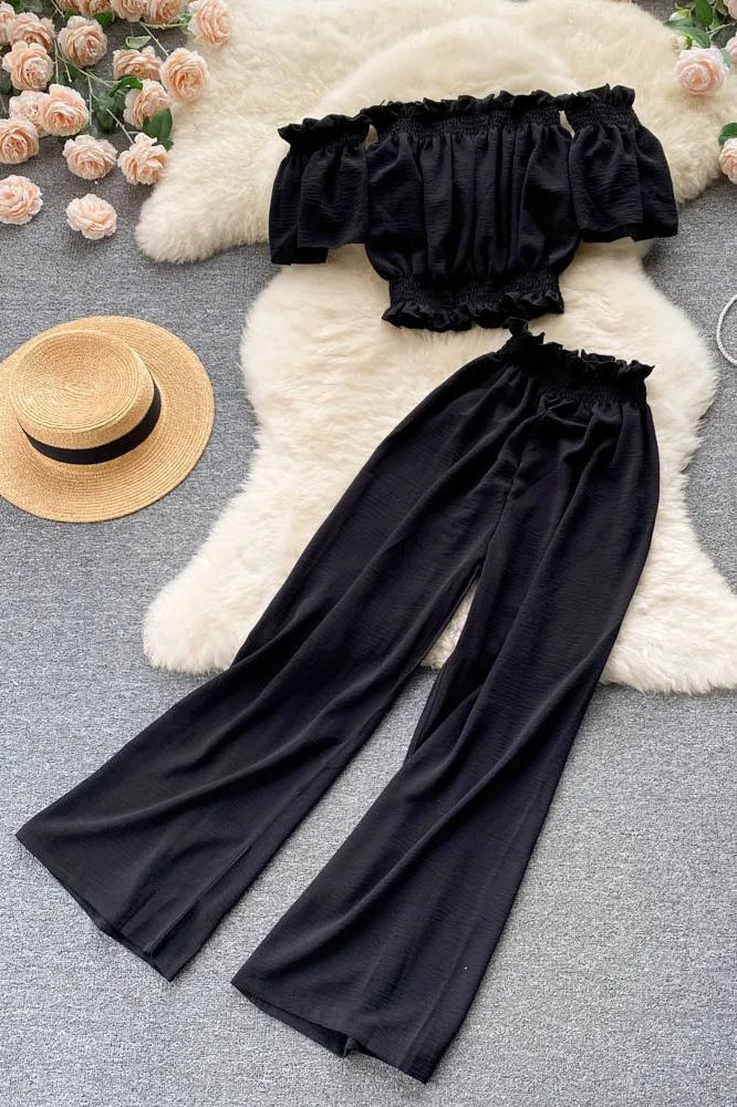 Beach Two Piece Set Off Shoulder Slim Waist Crop Tops + Casual Loose Wide Leg Pants Lady Holiday Suits