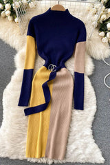 Elegant Color Patchwork Knitted Sweater Dress With Belt