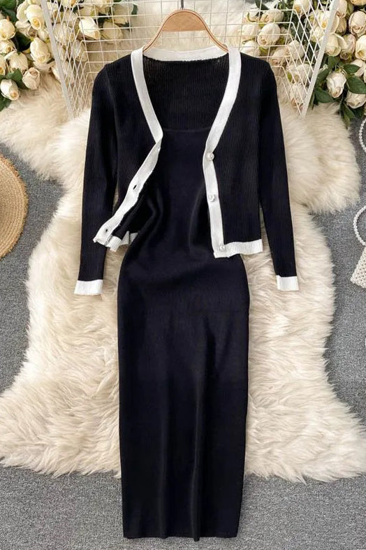Two Piece Suits Long Sleeve Knitted Cardigans And Slim Elastic Spaghetti Strap Dress Elegant Office Sets