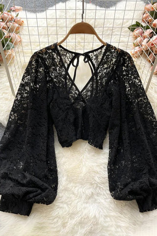 Backless Lace Shirt Hollow Out Transparent Short Blouse Elegant Crop Tops