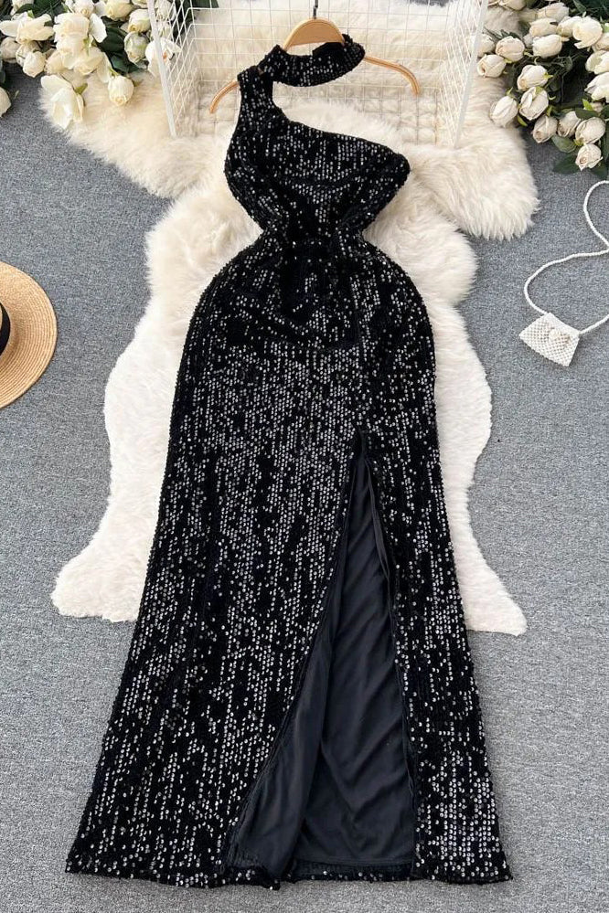 Robe longue élégante et brillante à fente haute, robe de soirée luxueuse