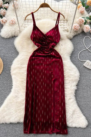 Long Dress Elegant V-neck High Waist Split Velvet Long Dress