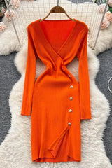 Lady V-neck Buttons Split Elegant Dress for Long Sleeve Knitted Sweater Dress