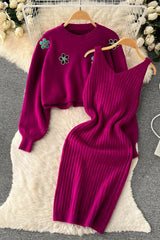 Elegant Two Piece Flower Embroidery Pullover Sweaters + Knitted Mini Dress Suits