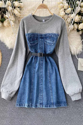 Hoodies Denim Kleid Langarm Baumwolle Patchwork Mini Jeans Kleid Mit Gürtel