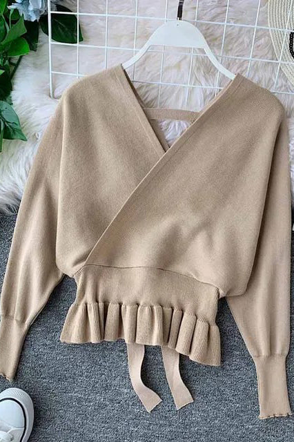 Elegant V Neck Ruffle Sweater Pullover Jumper Knitted Ladies Office Sweater