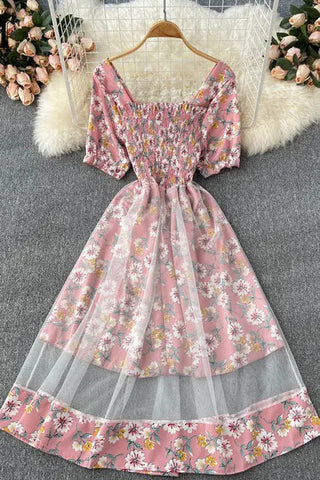 Patchwork-Netzkleid mit Gänseblümchen-Blumendruck, zweilagig, elegantes Midikleid für den Urlaub