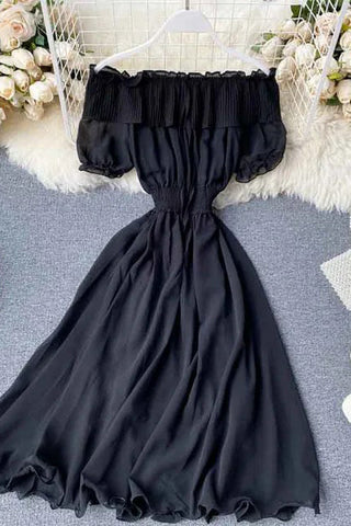 Off Shoulder Chiffon Dress Solid Vestidos Short Puff Sleeve Ruffles Holiday Dress