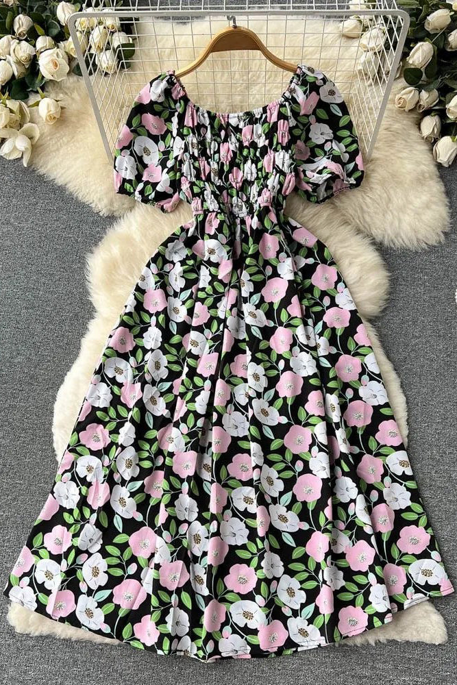 Romantic Flower Print Long Dress Elegant Puff Sleeve Off Shoulder Dress Party Vestidos Dress