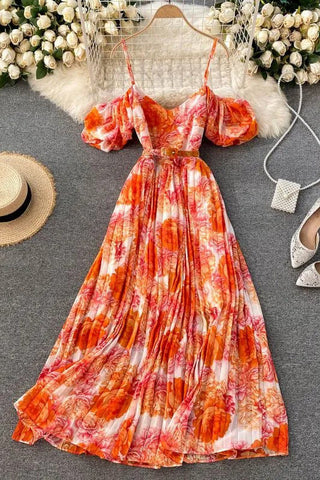 Off Shoulders Puff Sleeve Holiday Beach Long Dress Floral Print Female Dress