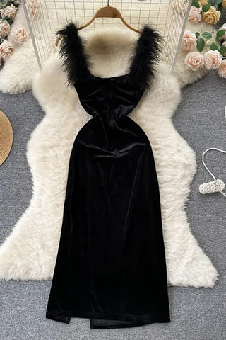 Elegant Fur Patchwork Straps Velvet Bodycon Vestidos Lady Party Vestidos Dress