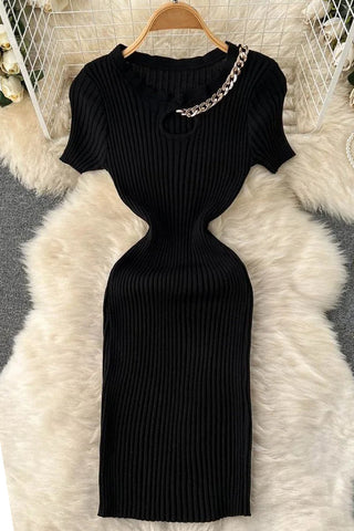 Hollow Out Elastic Mini Dress Chains O-neck Knitted Dress