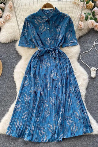 Elegant Dress Floral Print Pleated Long Dress Ladies Party Dress