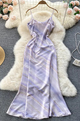 Romantic Tie Dye Long Party Dress Elegant Ruched High Waist Strap