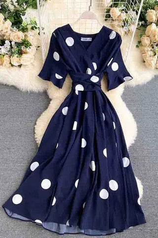 Big Polka Dot Print V Neck Bandage Dress Casual Midi Party Dress Elegant Big Swing Dress