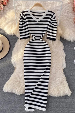 Elegant Puff Sleeve Stripes Knitted Long Dress Lady Package Hips Bodycon Dress