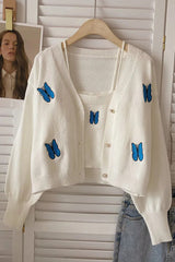 Two Piece Suits Cardigans Butterfly Embroidery Cardigans and Strap Crop Tops