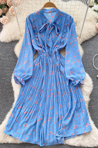 Romantic Floral Print Bow Neck Pleated Dress Long Sleeve Ruffled Shirt Dress