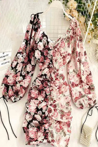 Robe courte à imprimé floral et col en V, robe froncée à manches lanternes et patchwork tendance