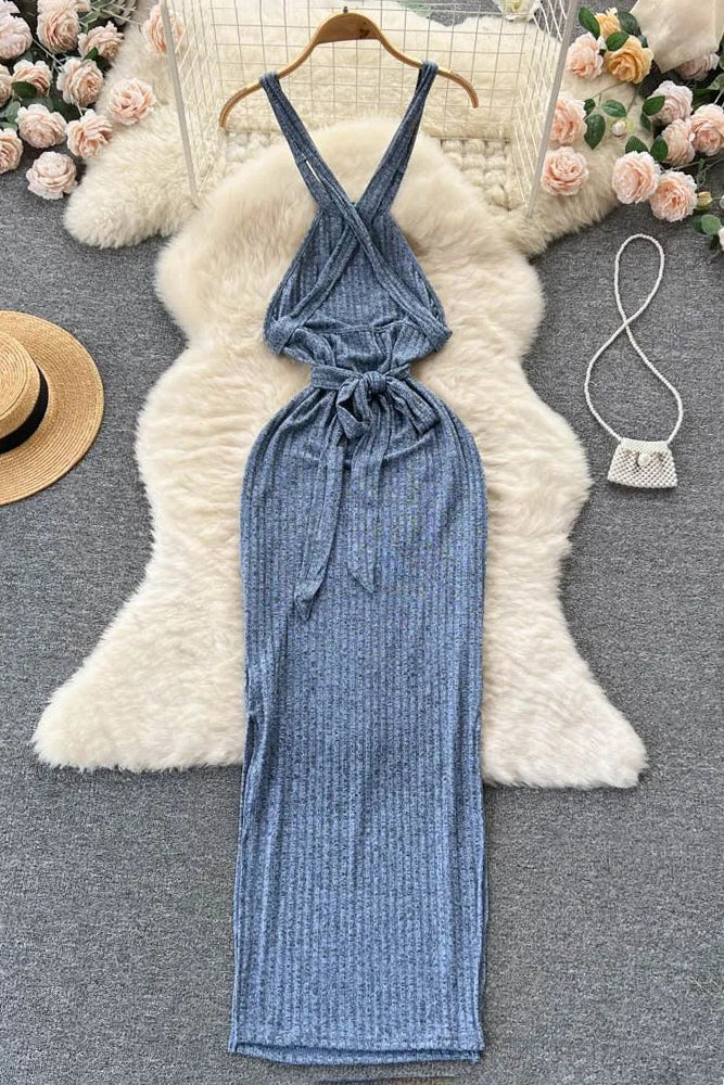 Robe longue bandage fendue sur le côté