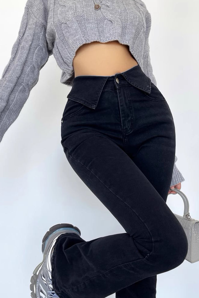 Pantalon en jean taille haute élastique à revers