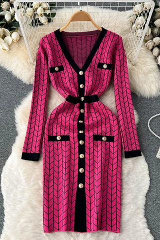 V-neck Buttons Split Knitted Sweater Dress