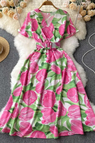 Print Sash Dress Elegant Big Swing Flower Long Dress Vacation Style Dress