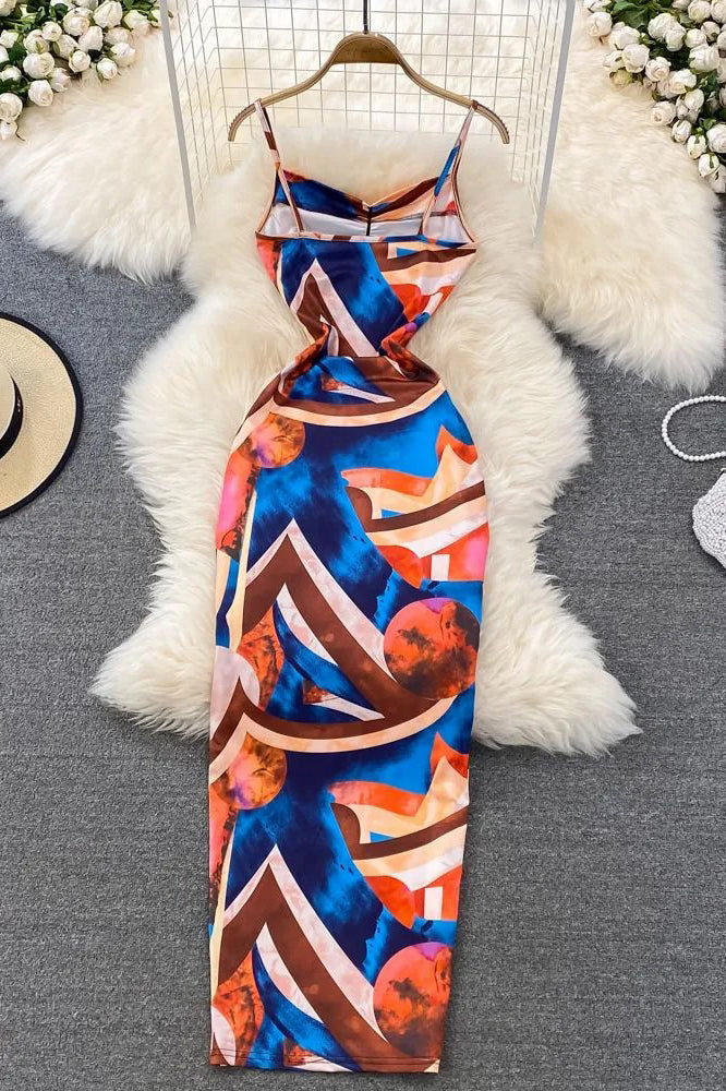 Colorful Print Slim Elastic Straps Bodycon Long Dress