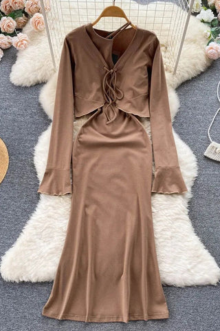 Long Dress and Full Sleeve Shawl Crop Tops Two Piece Set