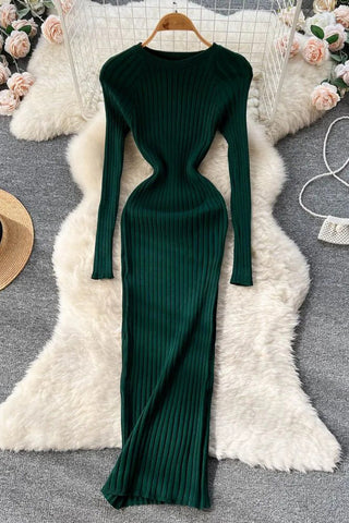 Long Sleeve Knitted Dress O Neck Slim Elastic Oversized Bodycon Sweater Dress