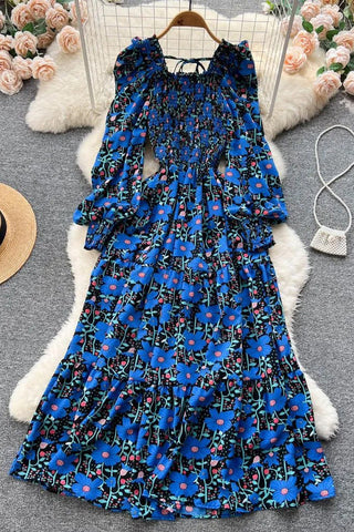 Elegant Flower Print Long Vintage Square Collar Puff Sleeve Party Dress