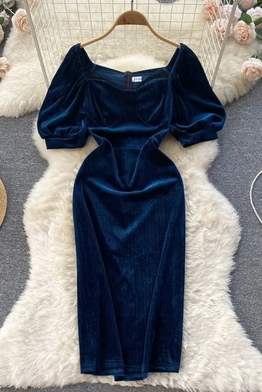 Robe de soirée élégante en velours à manches bouffantes pour femme, taille haute, coupe slim, hanches